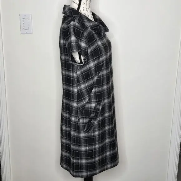 FRENCH CONNECTION Black and Gray Plaid Short Sleeve Cowl Neck Dress Pockets 8 - Picture 4 of 11